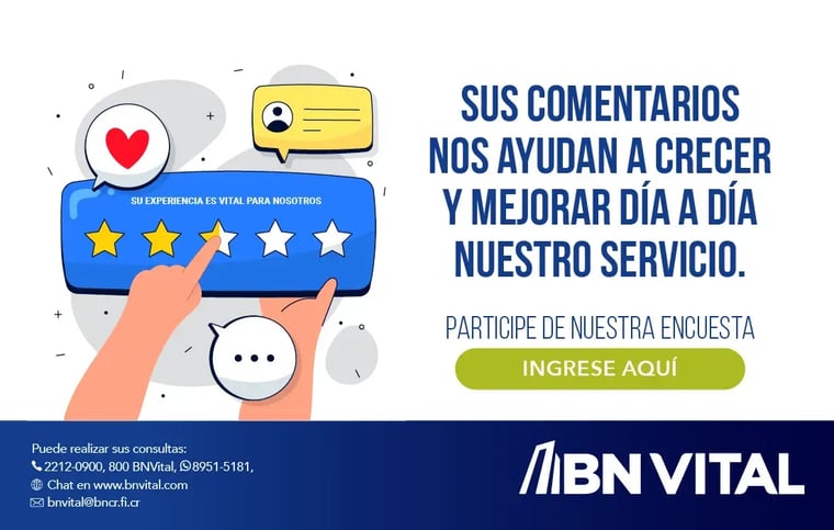 Anuncio de BN Vital invitando a participar en una encuesta para mejorar el servicio, con ilustración de calificación con estrellas