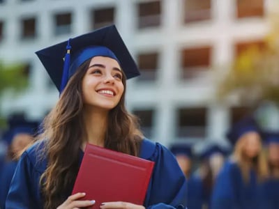 Una joven graduada universitaria sonríe con alegría mientras sostiene su diploma rojo, vistiendo toga y birrete azul en la ceremonia de graduación, con un edificio académico de fondo.